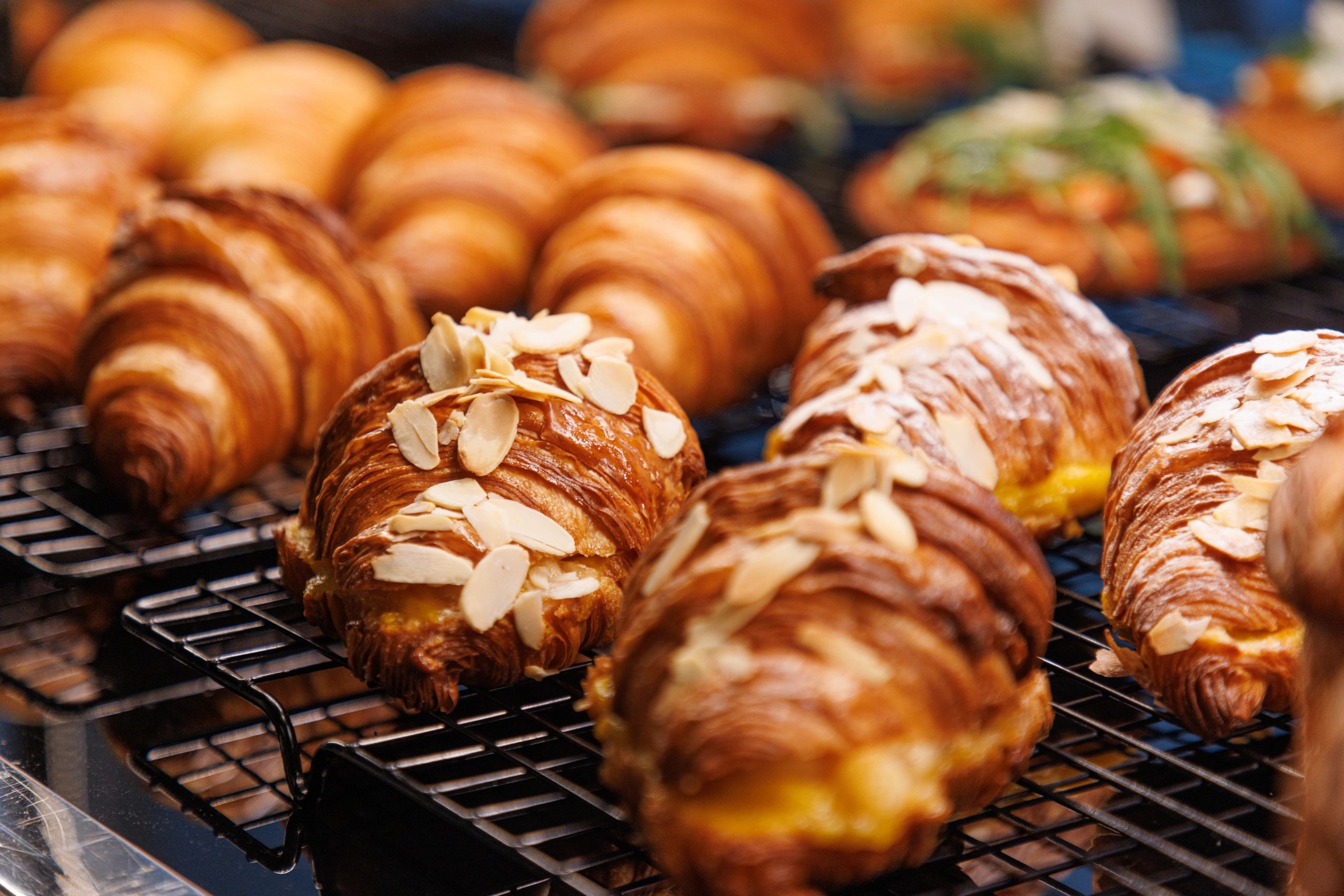 Pastries and croissants in bakery