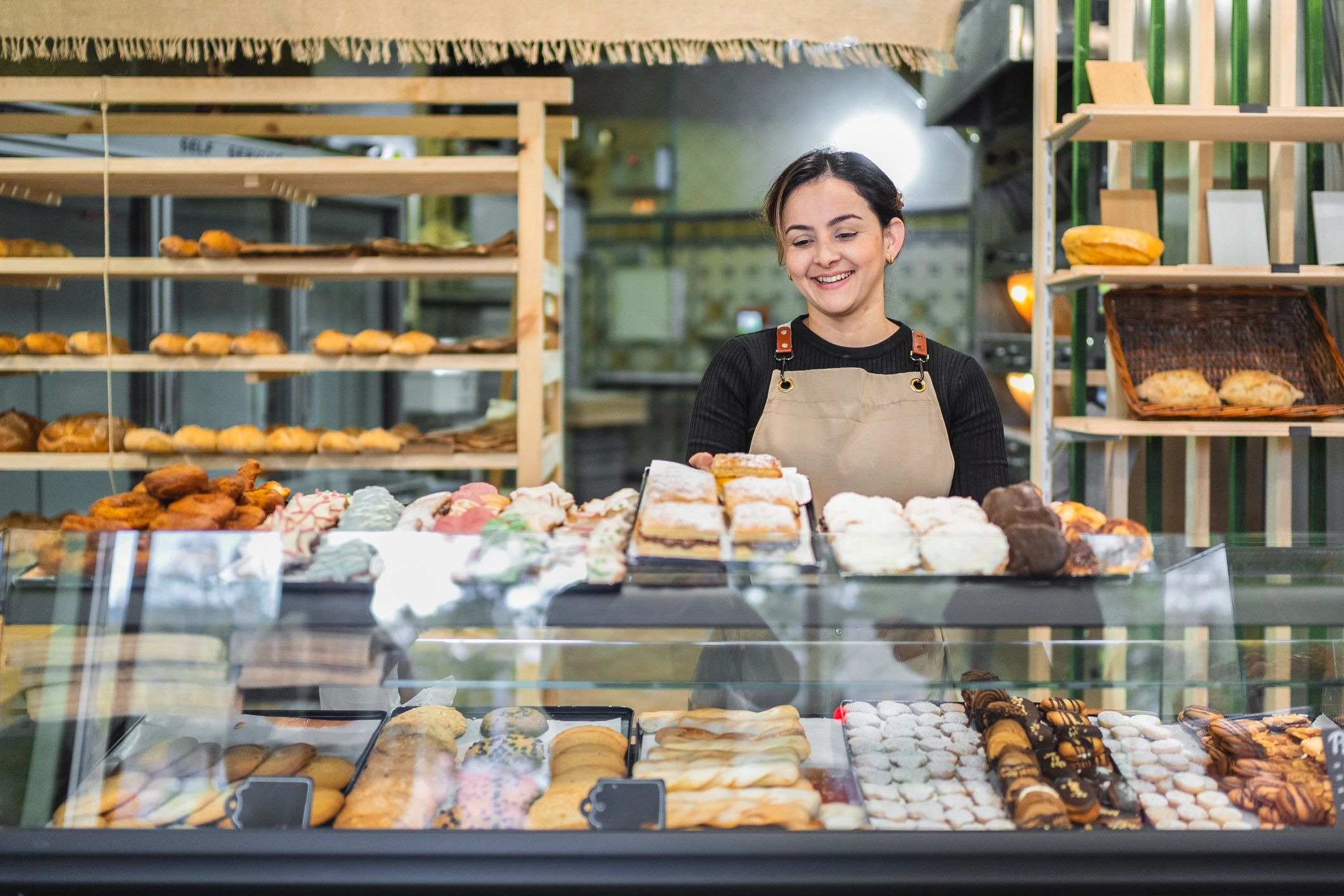 Bakery display with breads and pastries